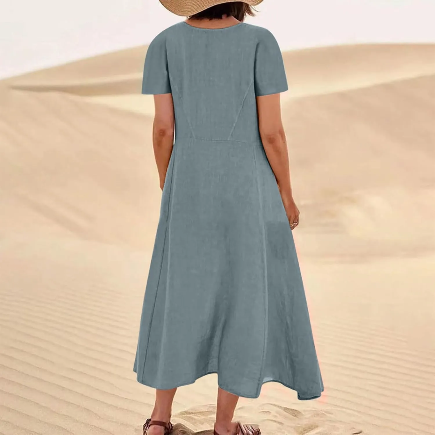 Summer Dresses for Women 2025 Flowy Cotton Linen Tshirt Dress Beach Vacation Maxi Short Sleeve Sundress with Pockets