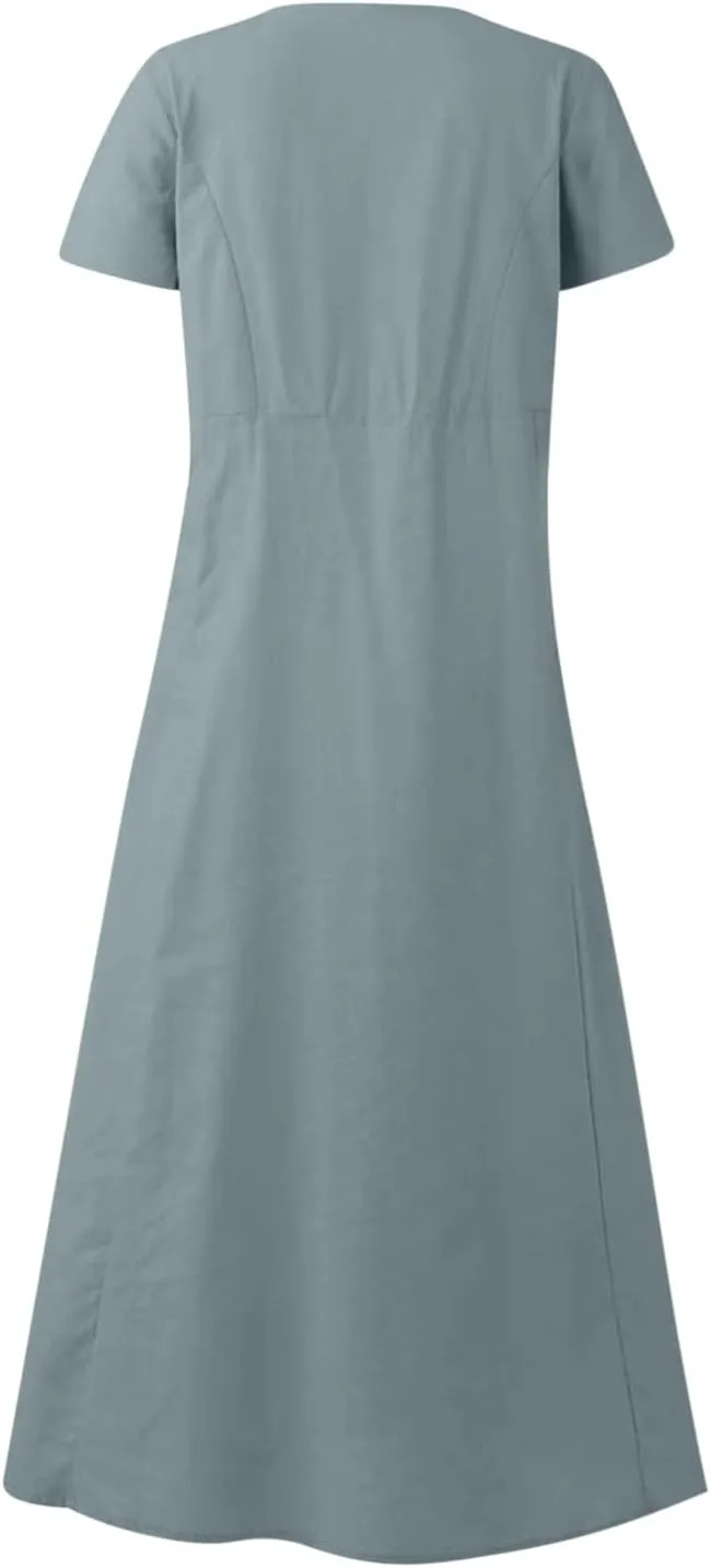 Summer Dresses for Women 2025 Flowy Cotton Linen Tshirt Dress Beach Vacation Maxi Short Sleeve Sundress with Pockets