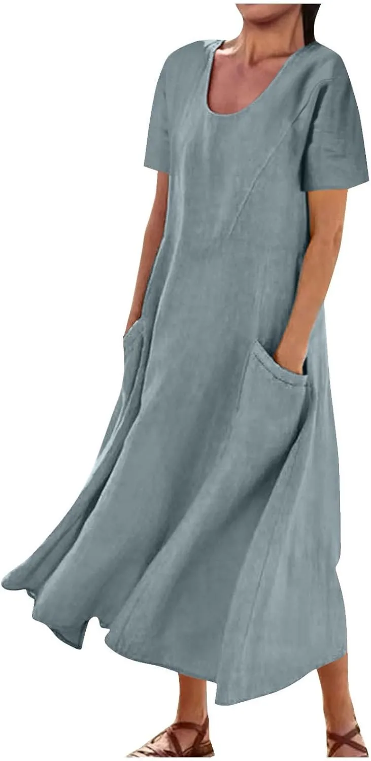 Summer Dresses for Women 2025 Flowy Cotton Linen Tshirt Dress Beach Vacation Maxi Short Sleeve Sundress with Pockets