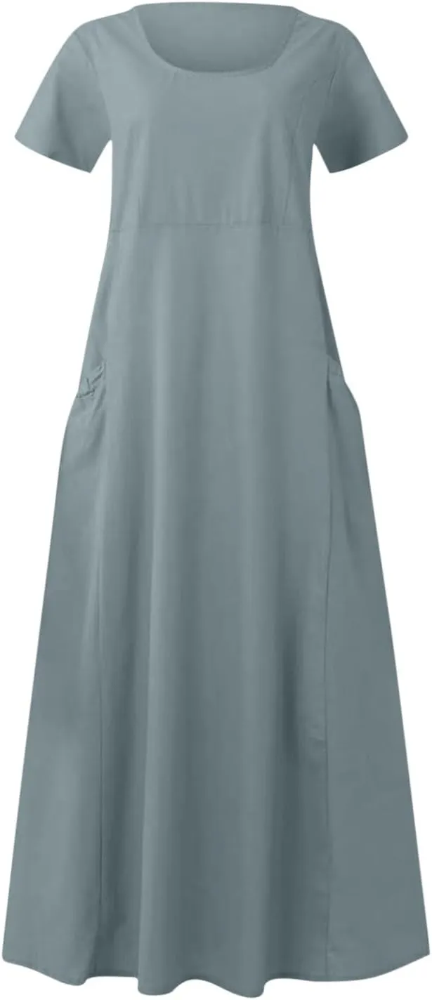 Summer Dresses for Women 2025 Flowy Cotton Linen Tshirt Dress Beach Vacation Maxi Short Sleeve Sundress with Pockets