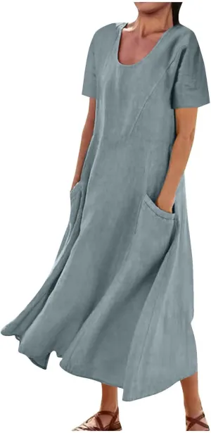 Summer Dresses for Women 2025 Flowy Cotton Linen Tshirt Dress Beach Vacation Maxi Short Sleeve Sundress with Pockets