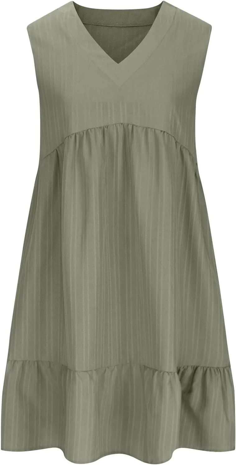 Summer Dresses for Women 2025 Vacation Sleeveless V Neck Dress Loose Summer Pleated Swing Flowy Sundress
