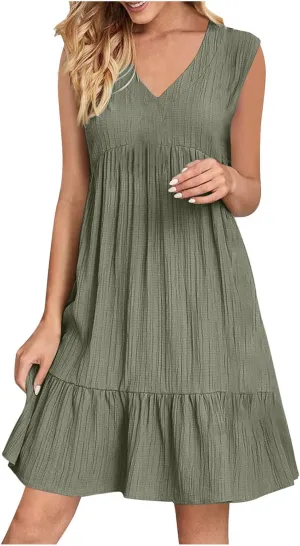 Summer Dresses for Women 2025 Vacation Sleeveless V Neck Dress Loose Summer Pleated Swing Flowy Sundress