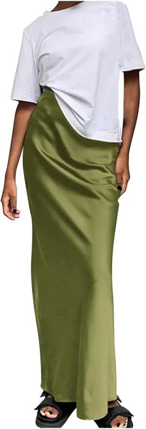 Summer Skirts for Women 2025 Casual Solid Flowy Satin Skirt Long Trendy Travel High Waisted Maxi Fishtail Skirt