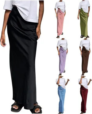 Summer Skirts for Women 2025 Casual Solid Flowy Satin Skirt Long Trendy Travel High Waisted Maxi Fishtail Skirt