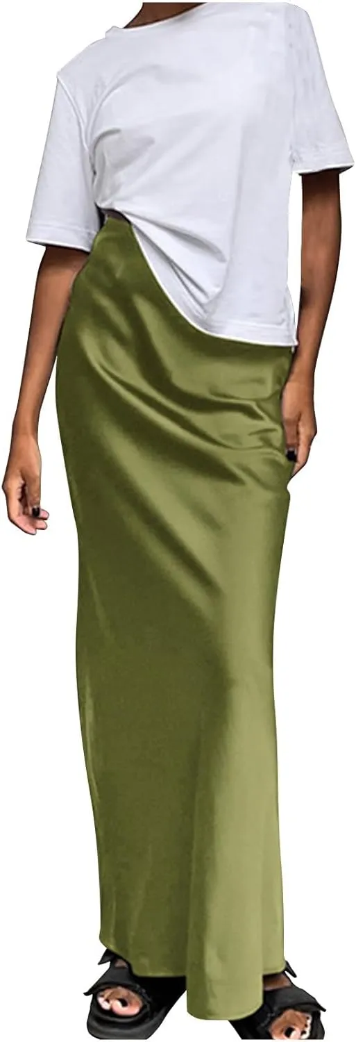 Summer Skirts for Women 2025 Casual Solid Flowy Satin Skirt Long Trendy Travel High Waisted Maxi Fishtail Skirt