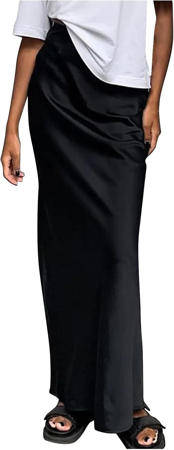 Summer Skirts for Women 2025 Casual Solid Flowy Satin Skirt Long Trendy Travel High Waisted Maxi Fishtail Skirt