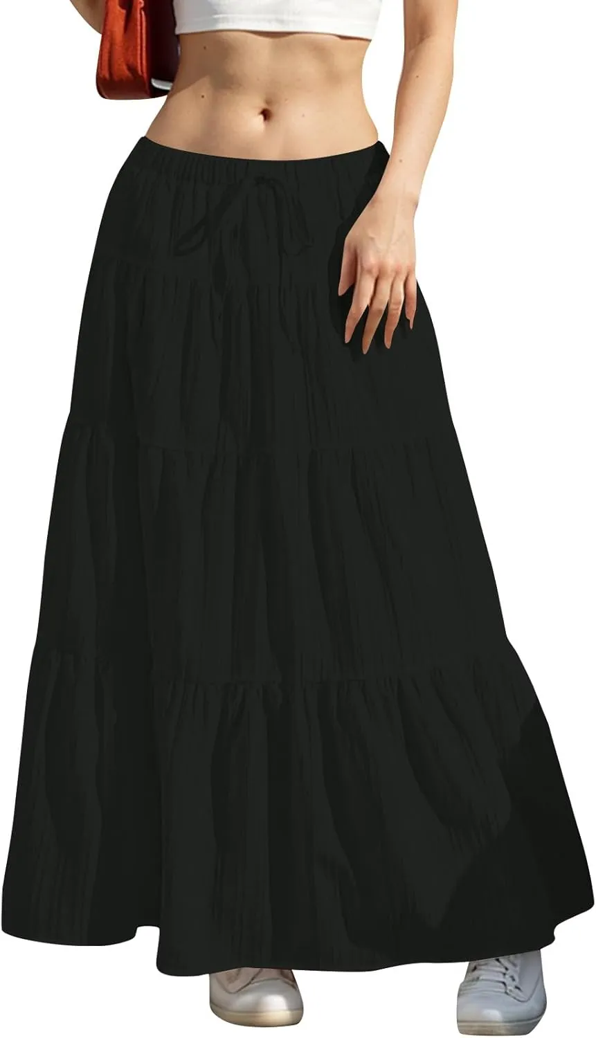 Summer Skirts for Women Casual Elastic High Waisted Pleated Skirt Midi Length Drawstring Flowy Beach Long Skirt