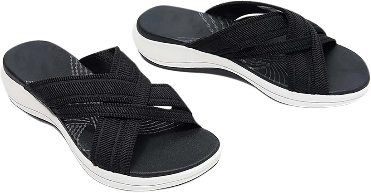 Summer Slide Sandals for Women Fashion Casual Cross Straps Open Toe Slip-on Flat Slipper Lightweight Comfortable Ladies Beach Shoes Flip Flops