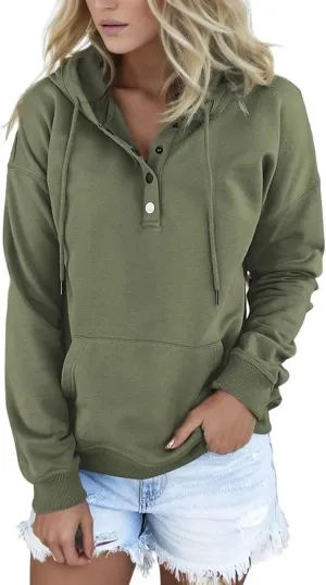 Sweatshirt for Women Fall Womens 2024 Hoodies Button Collar Drawstring Hooded Pullover Sweatshirt Casual Long Sleeve Tops