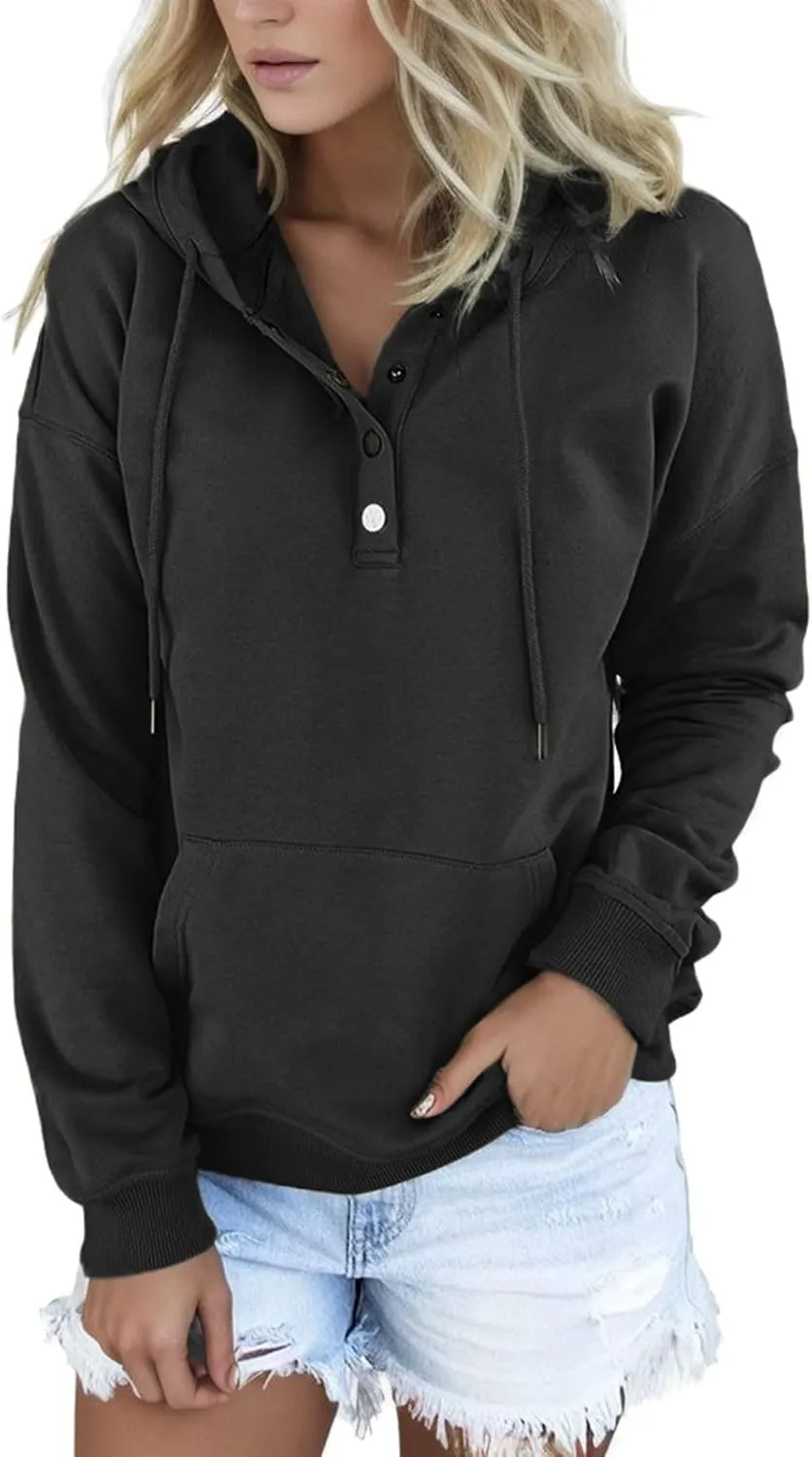 Sweatshirt for Women Fall Womens 2024 Hoodies Button Collar Drawstring Hooded Pullover Sweatshirt Casual Long Sleeve Tops