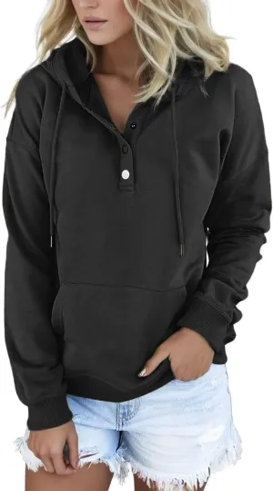 Sweatshirt for Women Fall Womens 2024 Hoodies Button Collar Drawstring Hooded Pullover Sweatshirt Casual Long Sleeve Tops