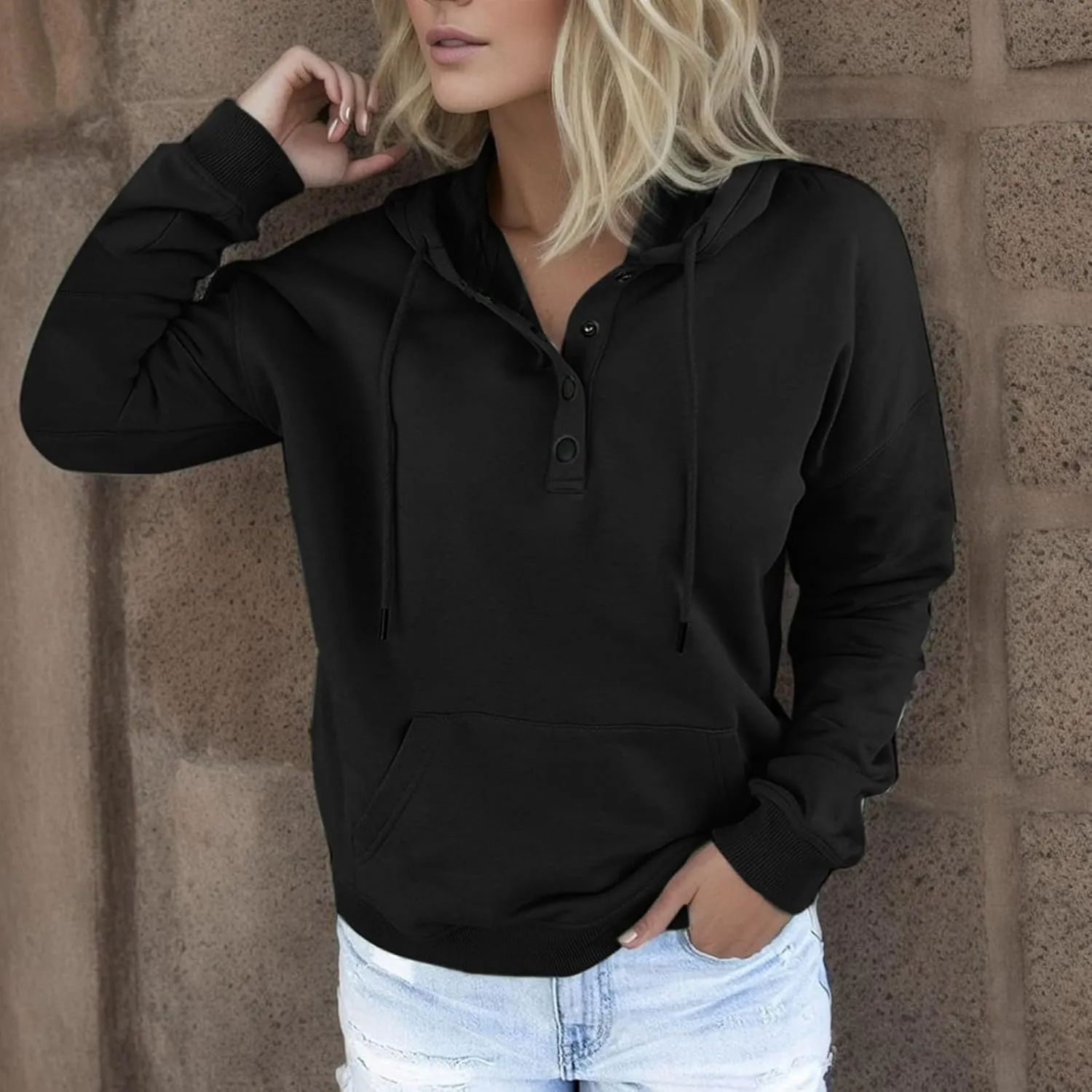 Sweatshirt for Women Fall Womens 2024 Hoodies Button Collar Drawstring Hooded Pullover Sweatshirt Casual Long Sleeve Tops