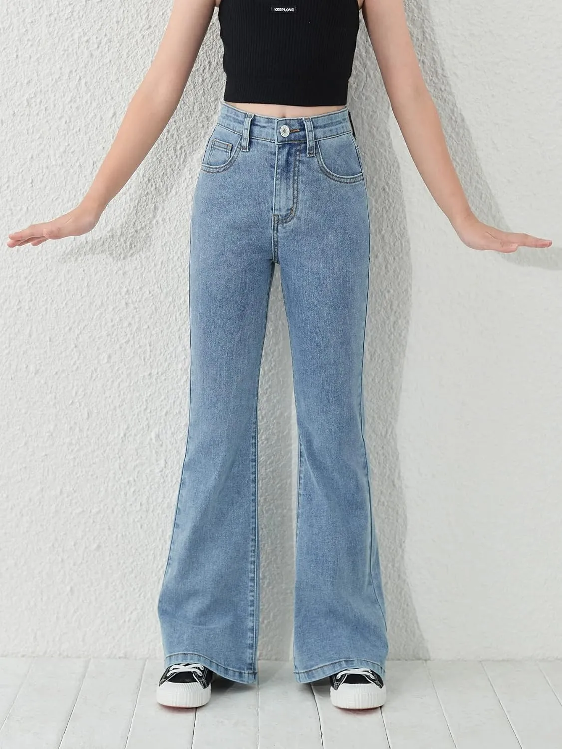 SweatyRocks Girl's Casual High Waist Solid Denim Pants Stretchy Flare Leg Jeans with Pocket