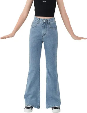SweatyRocks Girl's Casual High Waist Solid Denim Pants Stretchy Flare Leg Jeans with Pocket