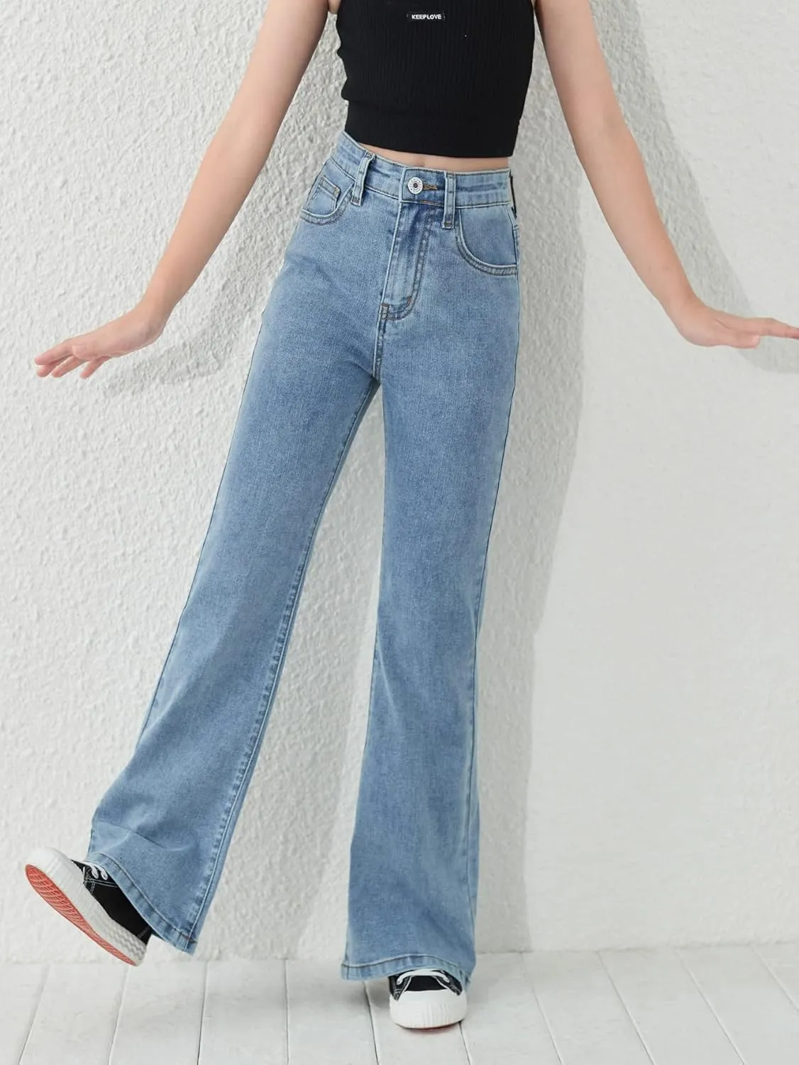 SweatyRocks Girl's Casual High Waist Solid Denim Pants Stretchy Flare Leg Jeans with Pocket