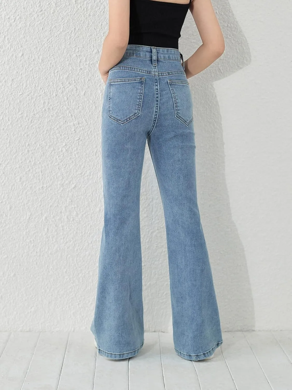 SweatyRocks Girl's Casual High Waist Solid Denim Pants Stretchy Flare Leg Jeans with Pocket