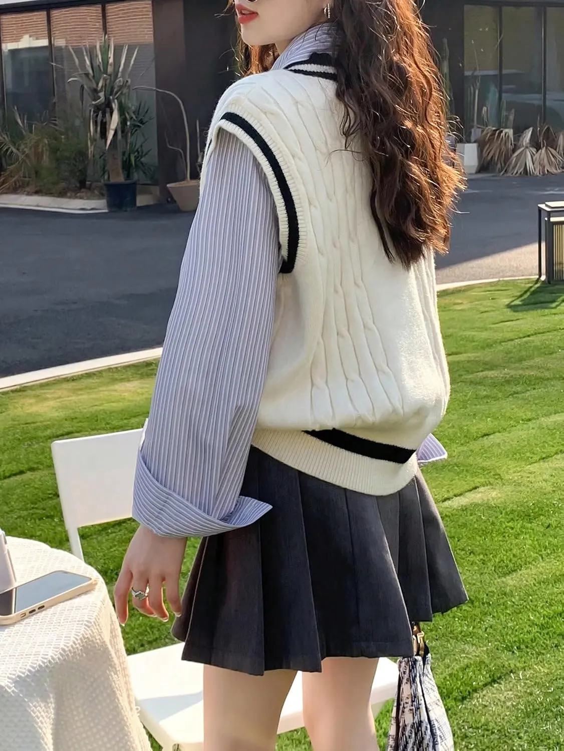 SweatyRocks Women's Striped Cable Knit Sleeveless V Neck Sweater Vest Uniform Pullover Sweater Tank Tops