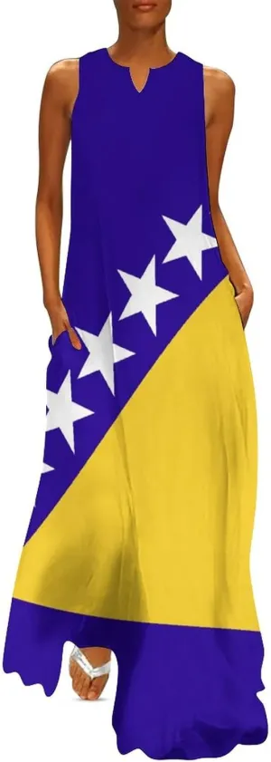 TAIZIYEAH Long Dress Elegant Casual Long Dress Bosnia and Herzegovina Flag Girls Summer Sunshine Beach Skirts for Womens L