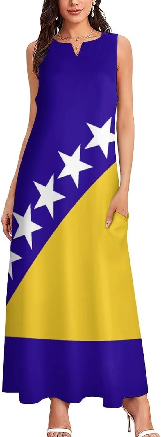 TAIZIYEAH Long Dress Elegant Casual Long Dress Bosnia and Herzegovina Flag Girls Summer Sunshine Beach Skirts for Womens L
