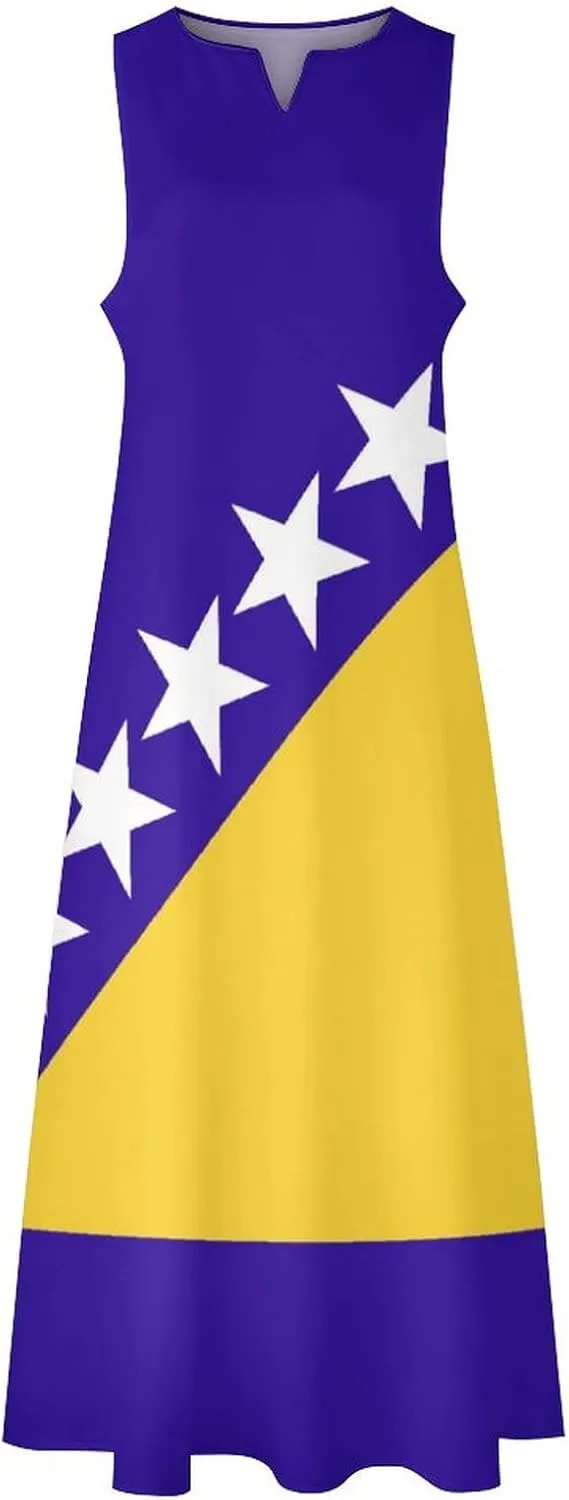 TAIZIYEAH Long Dress Elegant Casual Long Dress Bosnia and Herzegovina Flag Girls Summer Sunshine Beach Skirts for Womens L