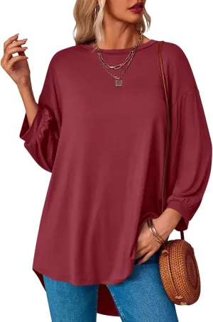 Tankaneo Womens Oversized T Shirts Summer Casual Loose Fit 3/4 Batwing Sleeve Tunic Tops with Leggings