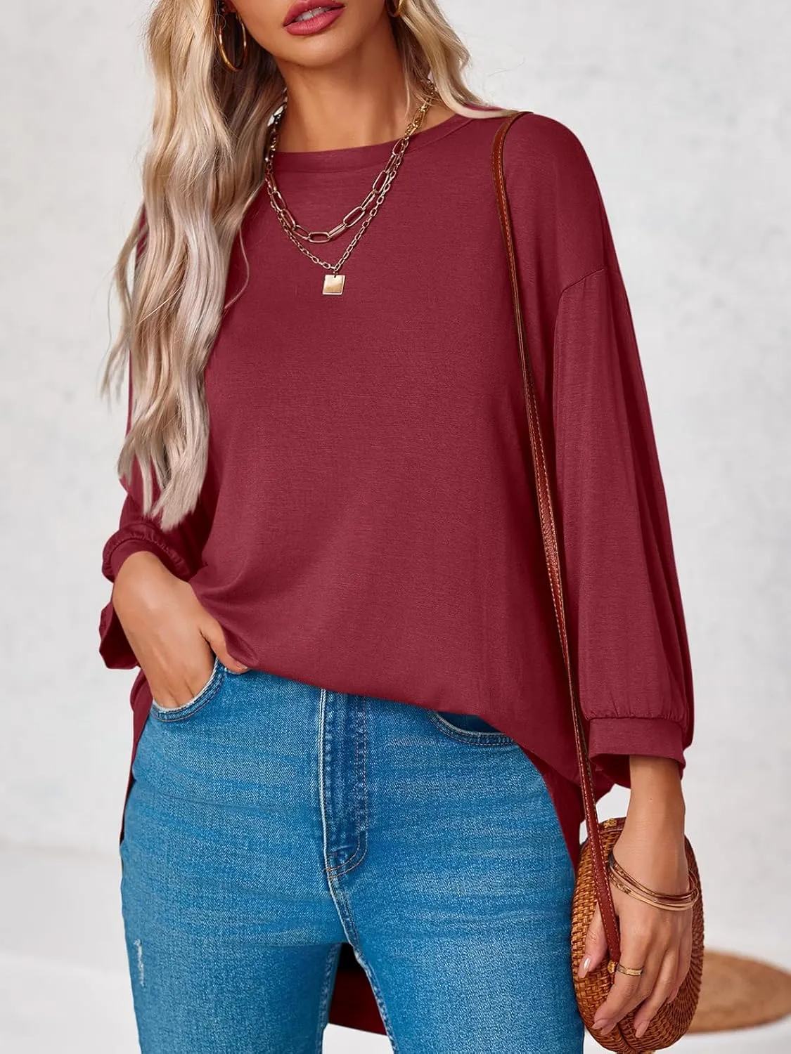 Tankaneo Womens Oversized T Shirts Summer Casual Loose Fit 3/4 Batwing Sleeve Tunic Tops with Leggings