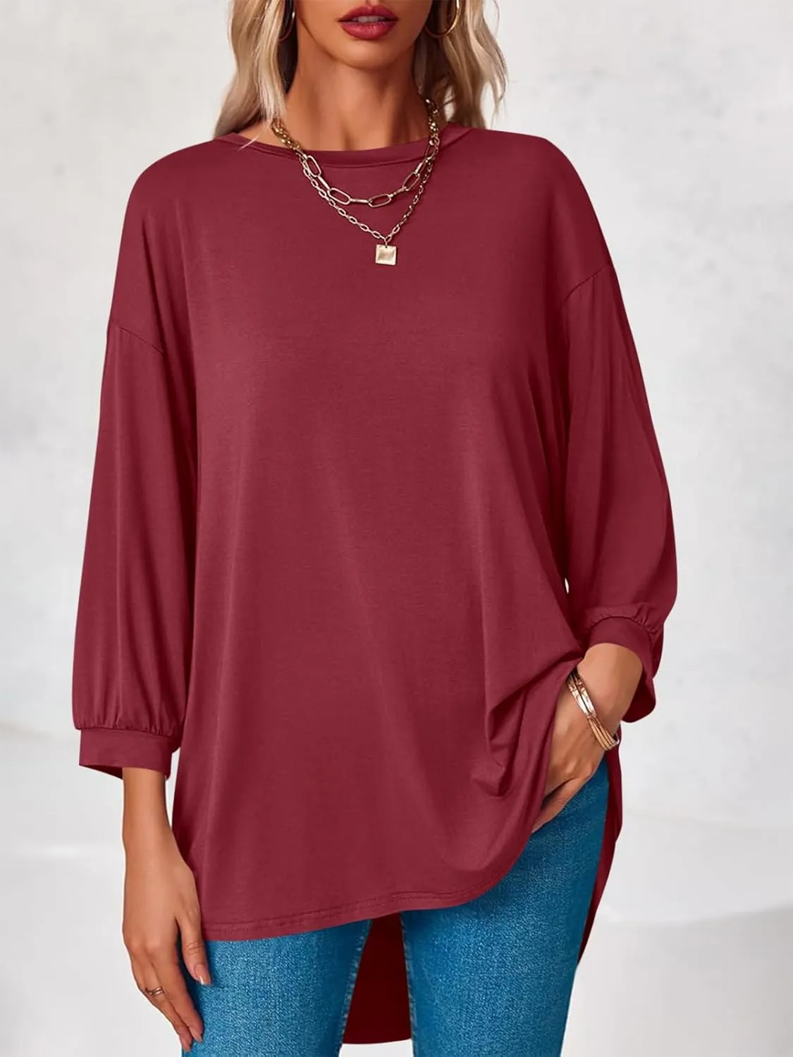 Tankaneo Womens Oversized T Shirts Summer Casual Loose Fit 3/4 Batwing Sleeve Tunic Tops with Leggings