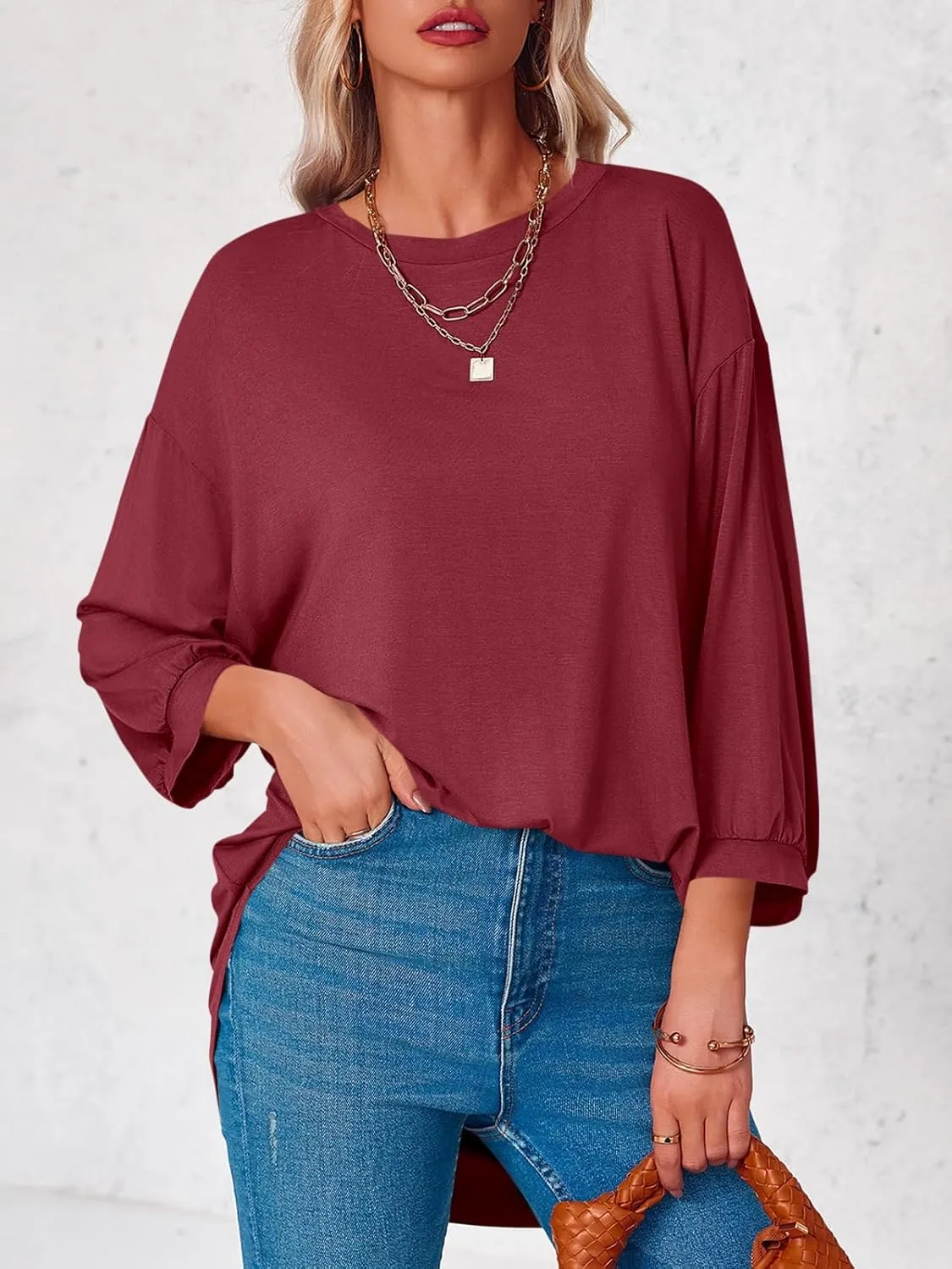Tankaneo Womens Oversized T Shirts Summer Casual Loose Fit 3/4 Batwing Sleeve Tunic Tops with Leggings