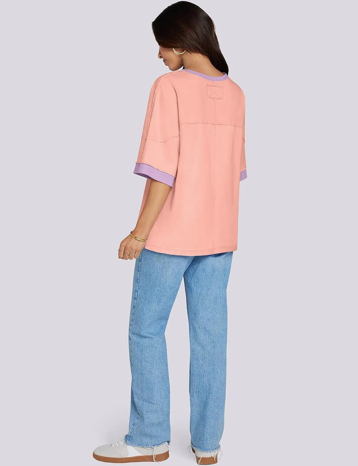 UEU Women's Short 3/4 Sleeve Oversized T Shirts Cotton Tops Summer Casual Tshirts Tee Basic Color Block Trendy Clothes