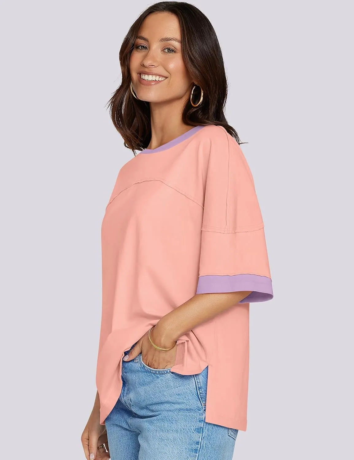 UEU Women's Short 3/4 Sleeve Oversized T Shirts Cotton Tops Summer Casual Tshirts Tee Basic Color Block Trendy Clothes