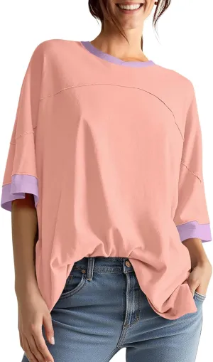 UEU Women's Short 3/4 Sleeve Oversized T Shirts Cotton Tops Summer Casual Tshirts Tee Basic Color Block Trendy Clothes
