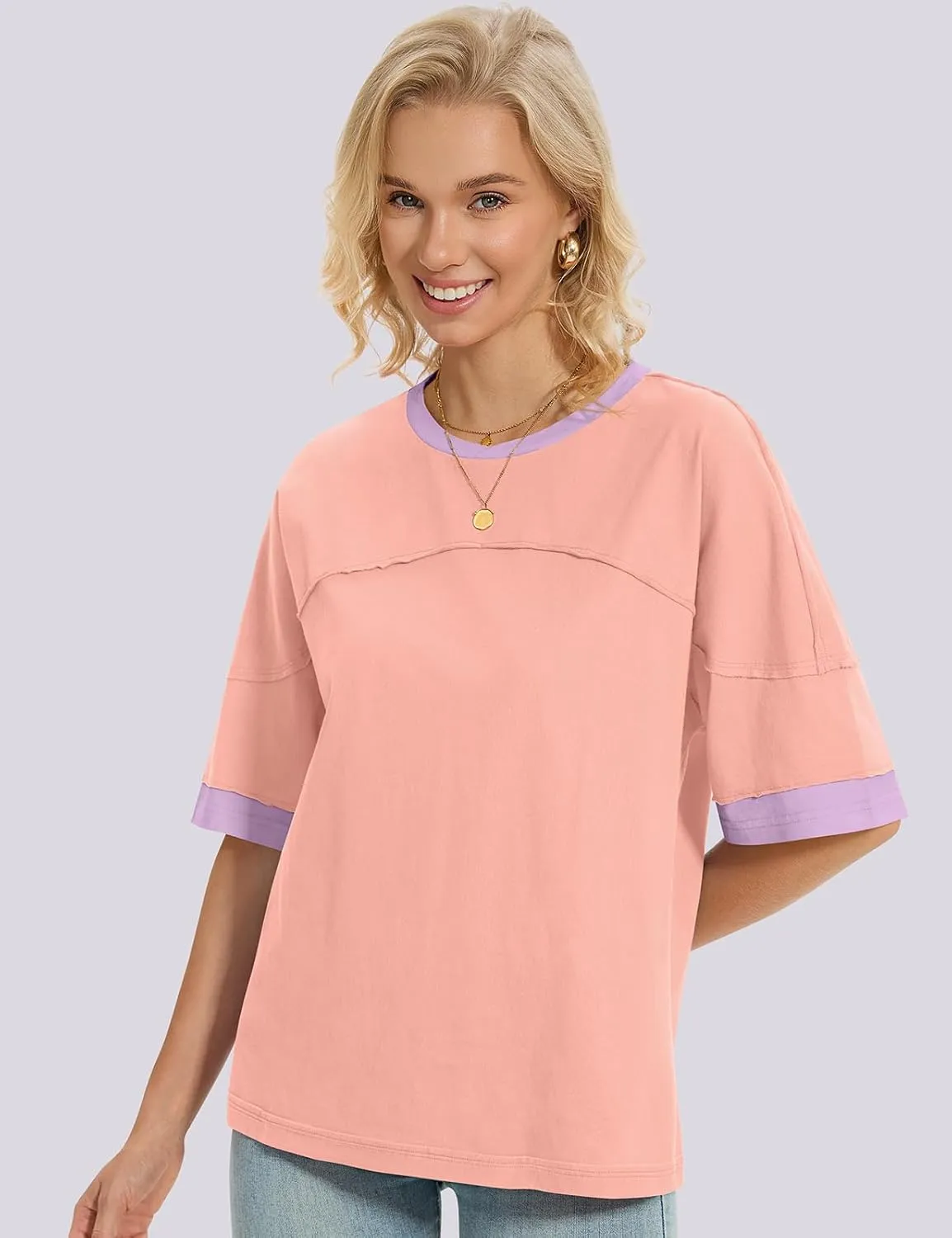 UEU Women's Short 3/4 Sleeve Oversized T Shirts Cotton Tops Summer Casual Tshirts Tee Basic Color Block Trendy Clothes