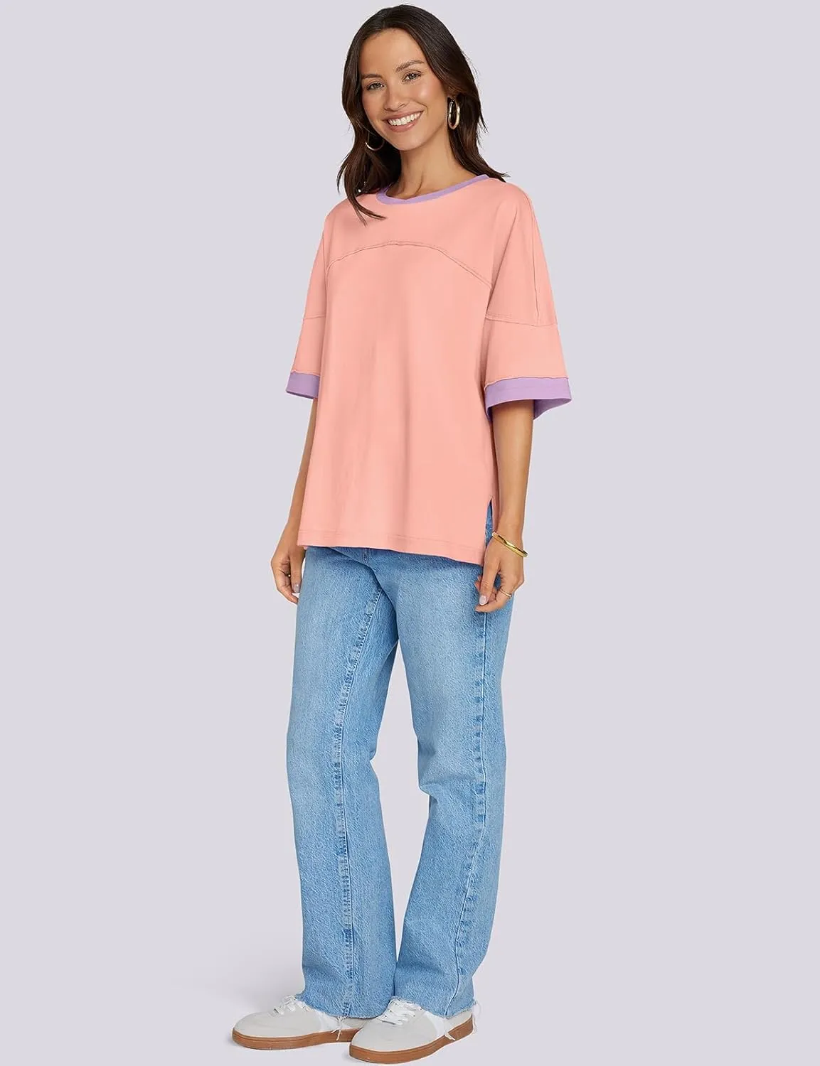 UEU Women's Short 3/4 Sleeve Oversized T Shirts Cotton Tops Summer Casual Tshirts Tee Basic Color Block Trendy Clothes