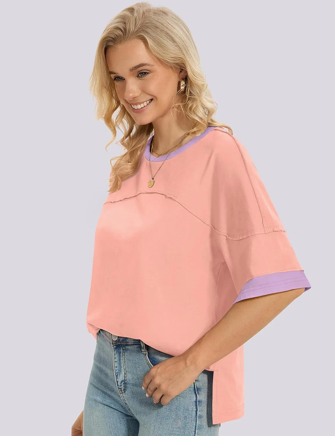 UEU Women's Short 3/4 Sleeve Oversized T Shirts Cotton Tops Summer Casual Tshirts Tee Basic Color Block Trendy Clothes