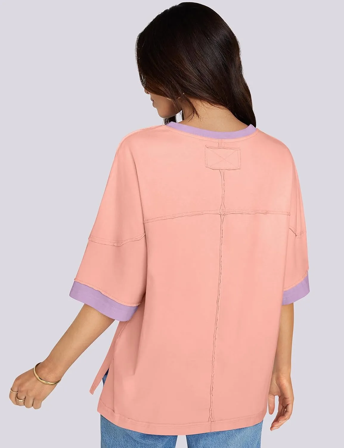 UEU Women's Short 3/4 Sleeve Oversized T Shirts Cotton Tops Summer Casual Tshirts Tee Basic Color Block Trendy Clothes
