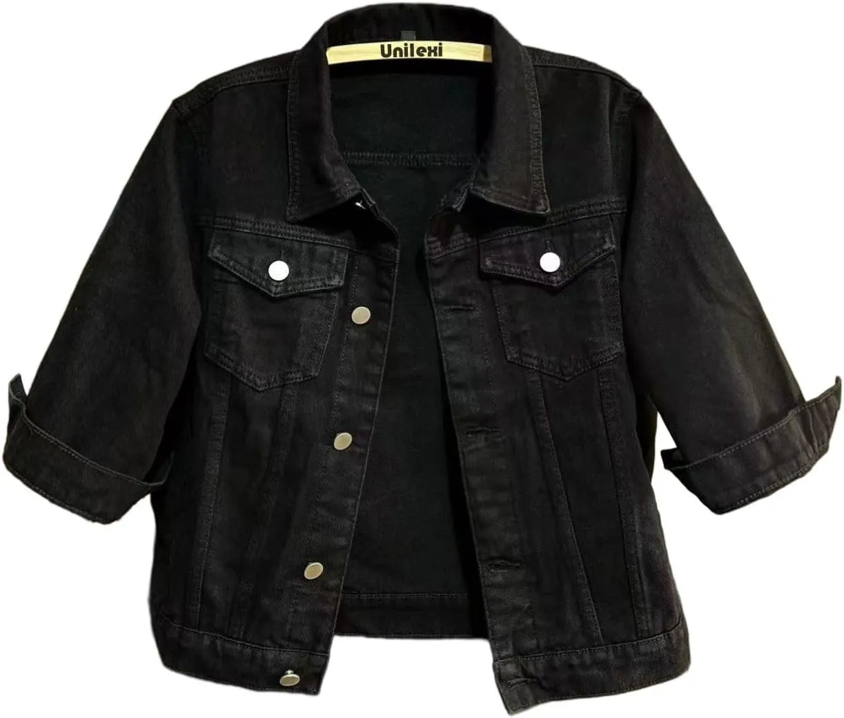 Unilexi Women's 3/4 Sleeve Colored Cropped Denim Jacket Light Wash Short Jean Jacket Trucker Coat