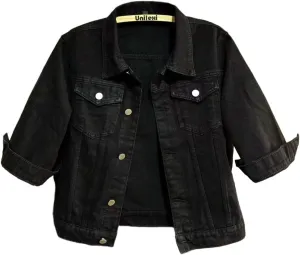 Unilexi Women's 3/4 Sleeve Colored Cropped Denim Jacket Light Wash Short Jean Jacket Trucker Coat