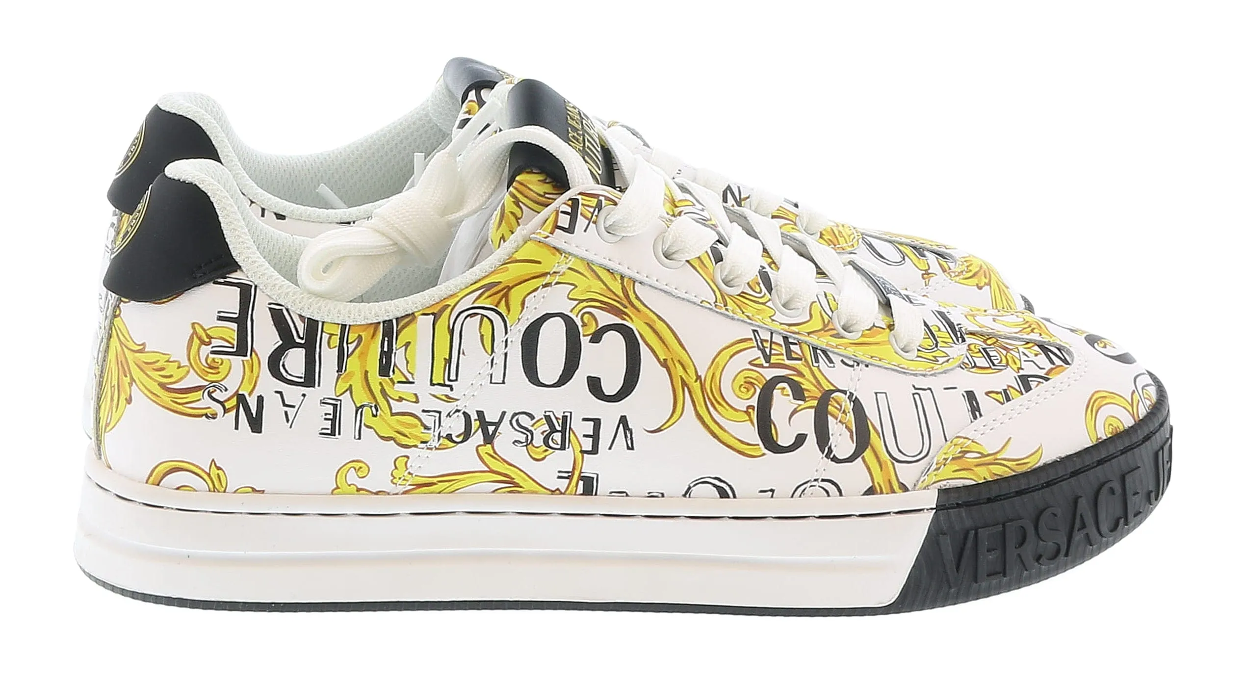 Versace Jeans Couture White Gold Baroque Print Fashion Everyday Sneakers-