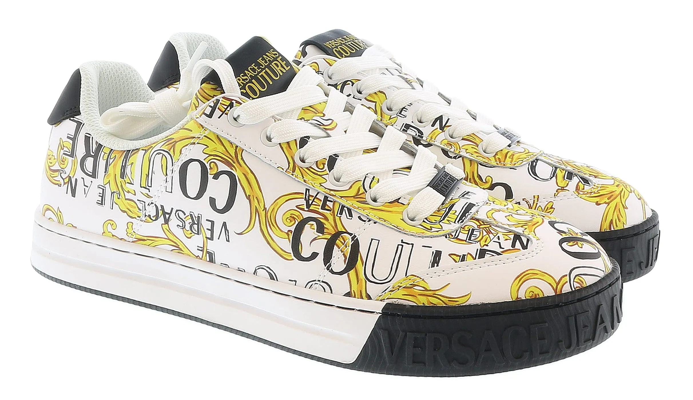 Versace Jeans Couture White Gold Baroque Print Fashion Everyday Sneakers-
