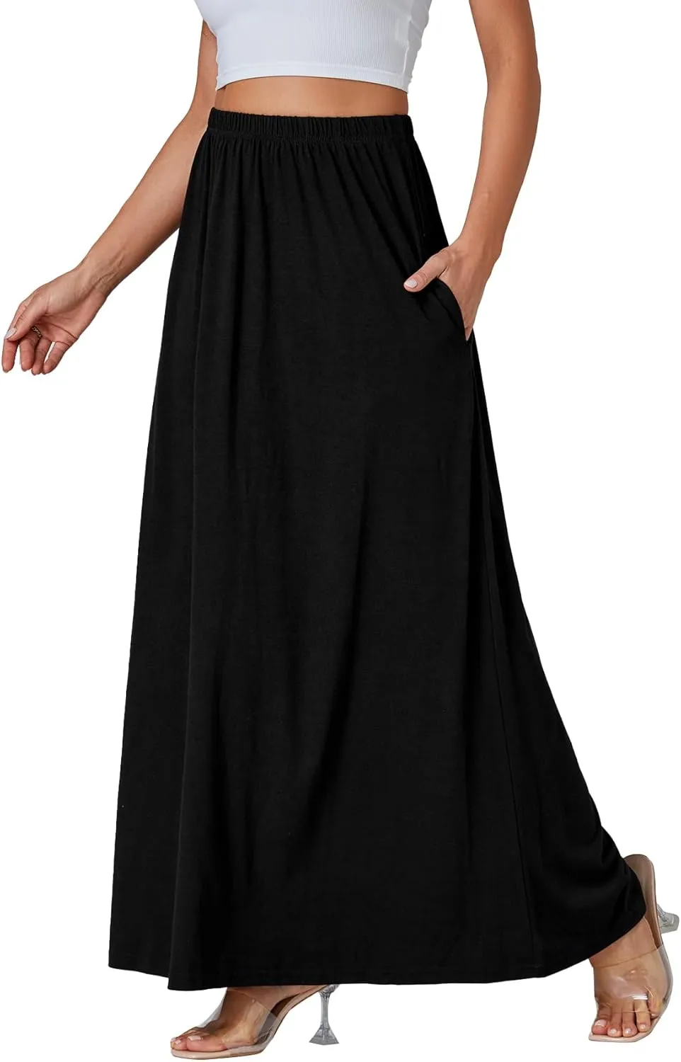 Vrtige Women's Casual Elastic High Waist Flowy Hem A Line Maxi Skirt with Pockets