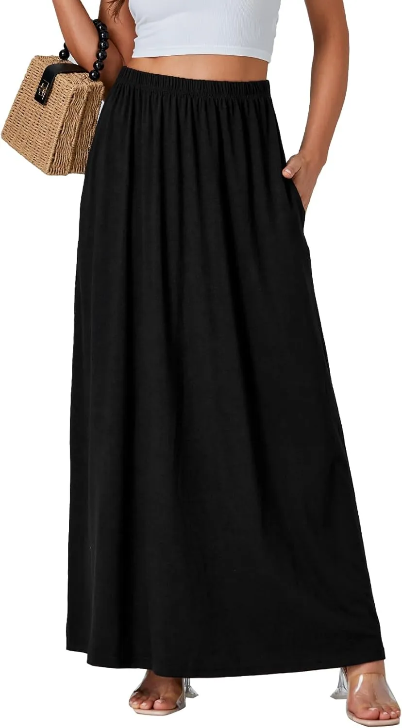 Vrtige Women's Casual Elastic High Waist Flowy Hem A Line Maxi Skirt with Pockets