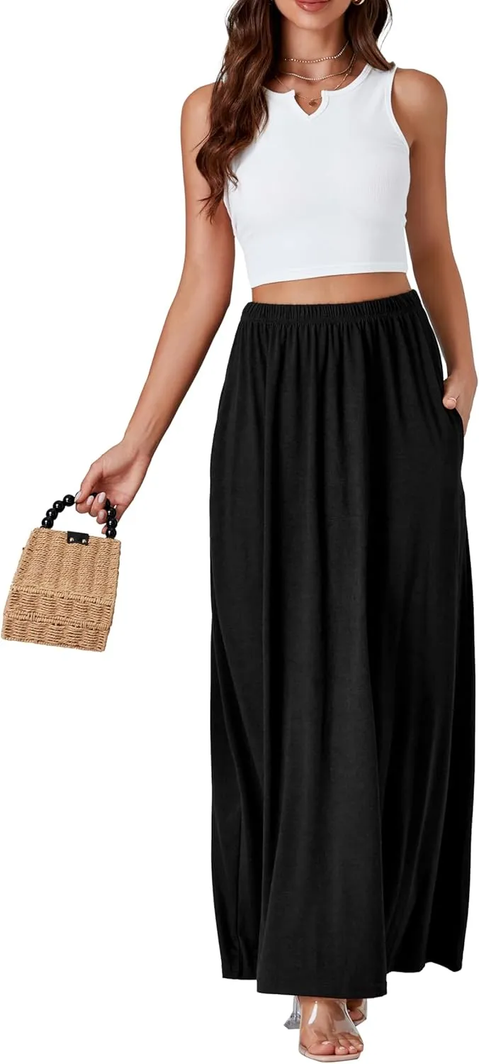 Vrtige Women's Casual Elastic High Waist Flowy Hem A Line Maxi Skirt with Pockets