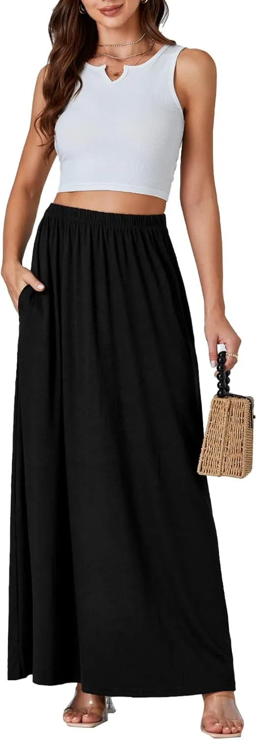 Vrtige Women's Casual Elastic High Waist Flowy Hem A Line Maxi Skirt with Pockets