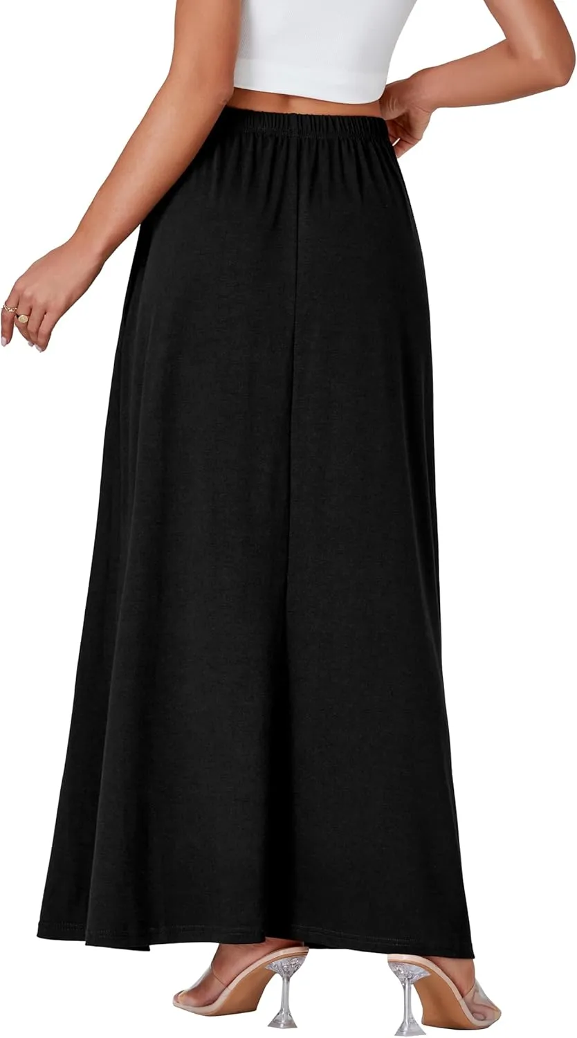 Vrtige Women's Casual Elastic High Waist Flowy Hem A Line Maxi Skirt with Pockets