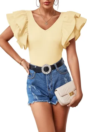 Vrtige Women's V Neck Ruffle Cap Sleeve Summer Blouse Top Shirt
