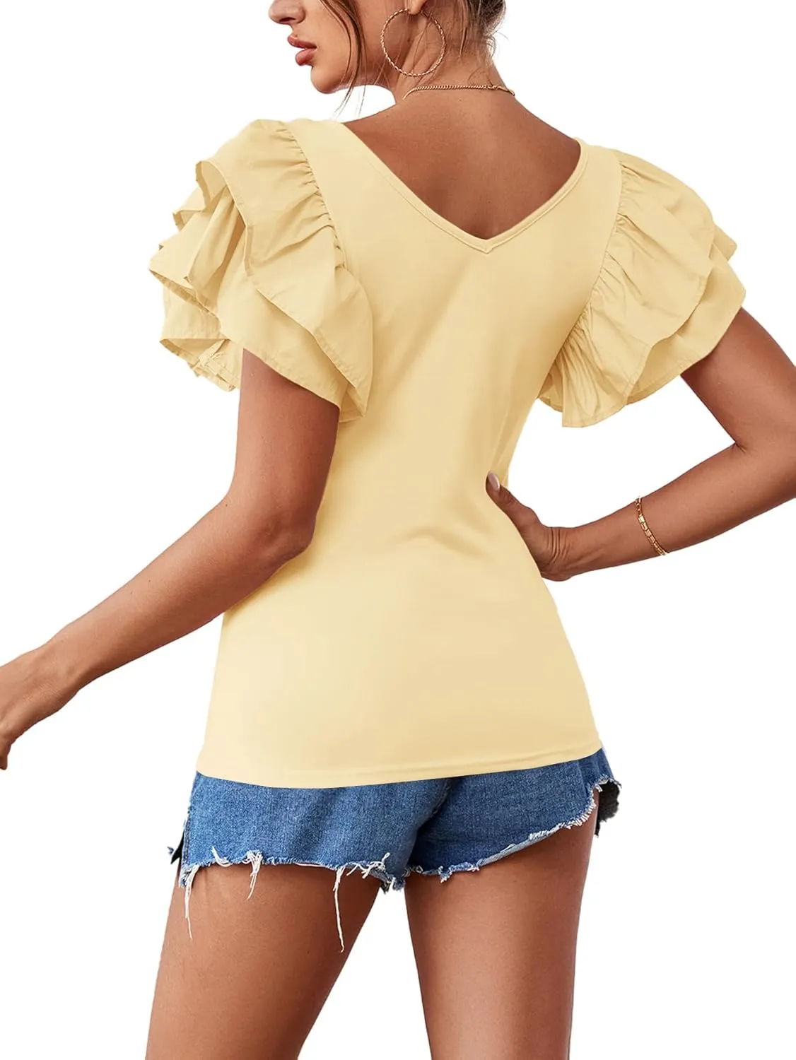 Vrtige Women's V Neck Ruffle Cap Sleeve Summer Blouse Top Shirt