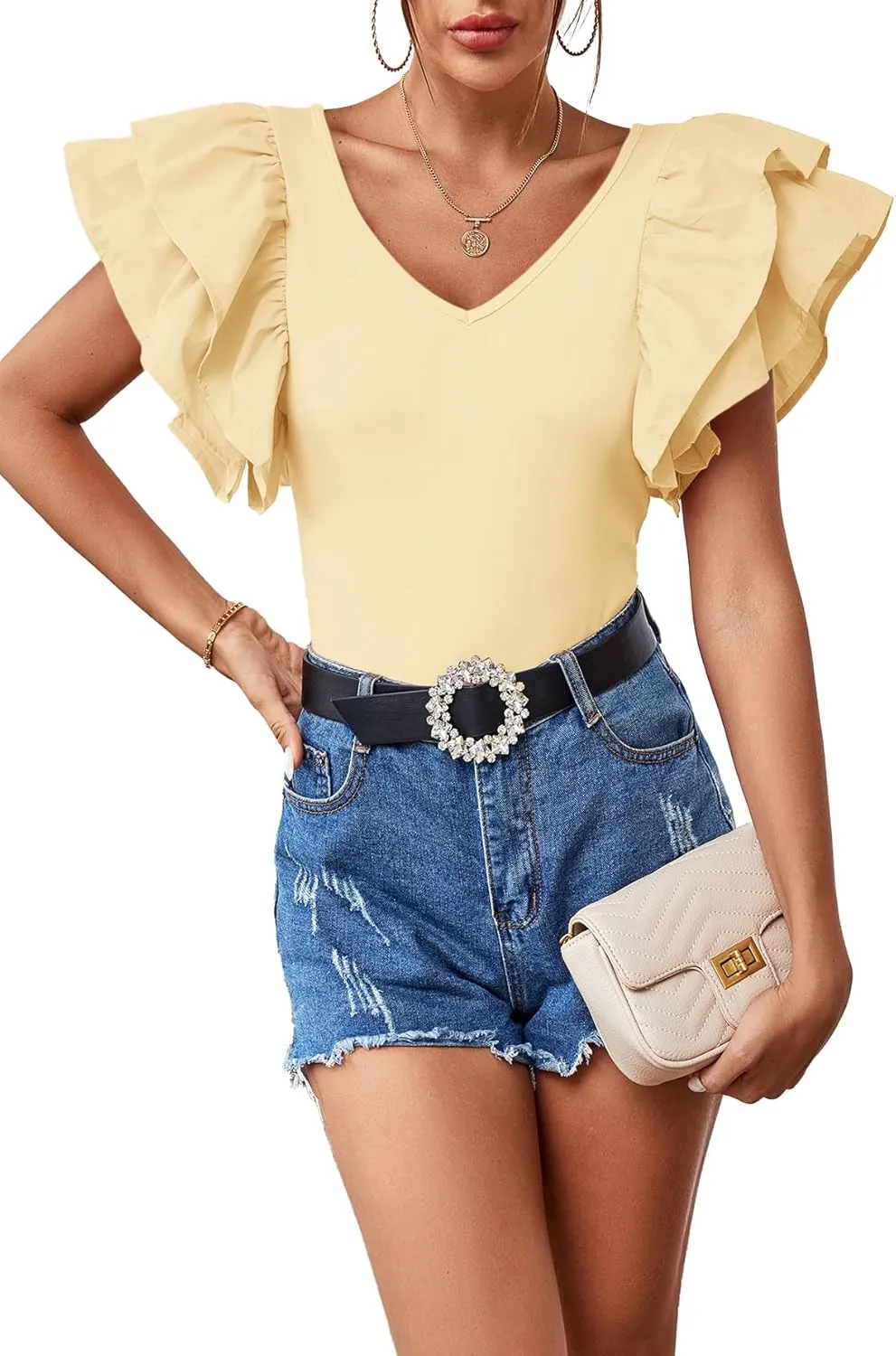 Vrtige Women's V Neck Ruffle Cap Sleeve Summer Blouse Top Shirt