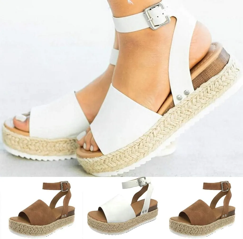 Wedge Sandals for Women Wide,Flat Platform Ankle Buckle Sandals Strap Fashion Summer Beach Sandals Open Toe Espadrilles