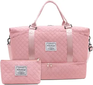 Weekender Bags for Women, Travel Duffel Bag with Shoe Compartment & Wet Pocket, Large Gym Sports Tote Bag, Maternity Hospital Overnight Bag with Toiletry Bag for Fitness, Work, Trips Pink